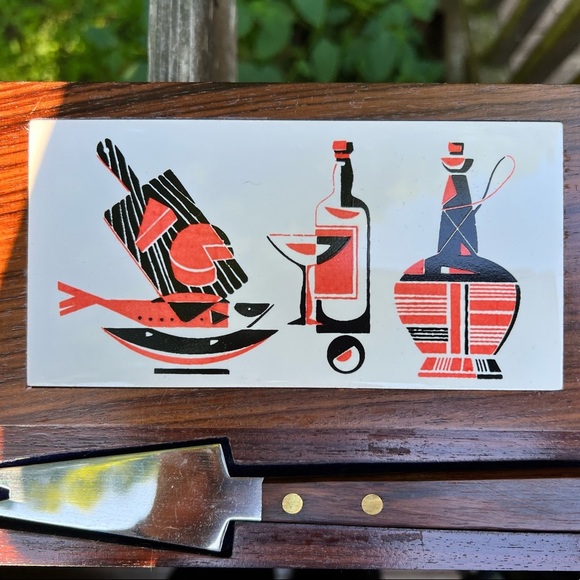 Vintage MCM Made In Japan Tile Cheese Board & Cheese Knife - Picture 1 of 9